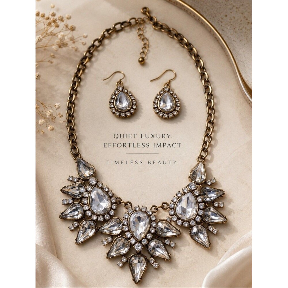 Glam Crystal Statement Necklace Set Gold Tone Bib Necklace Earrings Bridalcore
